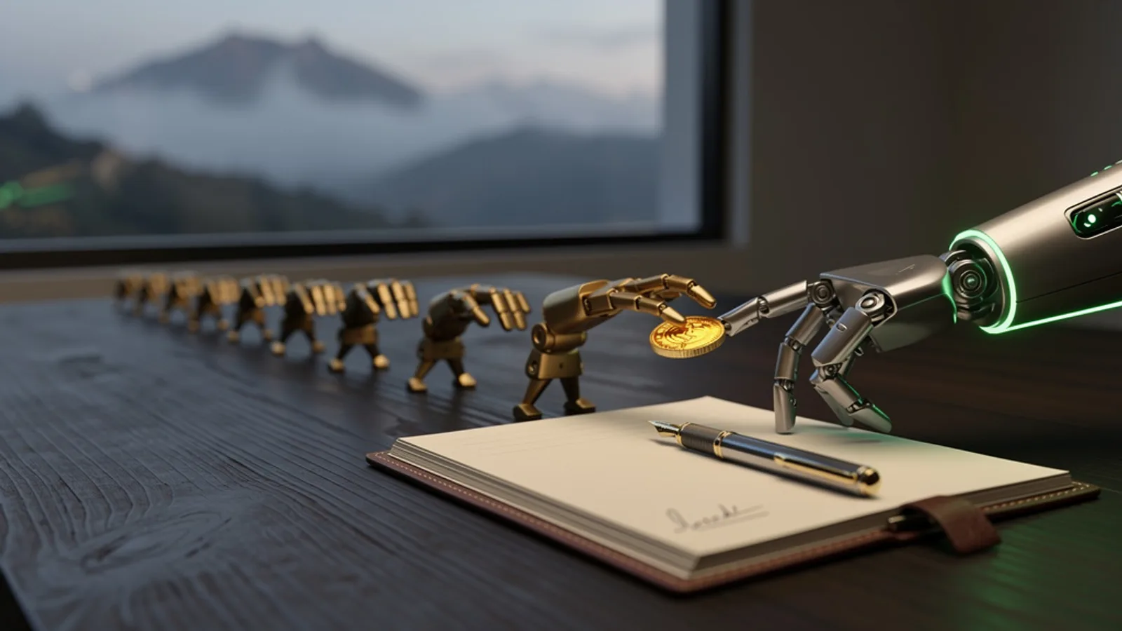 Una mesa larga de madera al amanecer donde pequeñas manos mecánicas de bronce se pasan monedas luminosas en cadena hasta llegar a un libro de cuentas abierto con una pluma lista para aprobar.