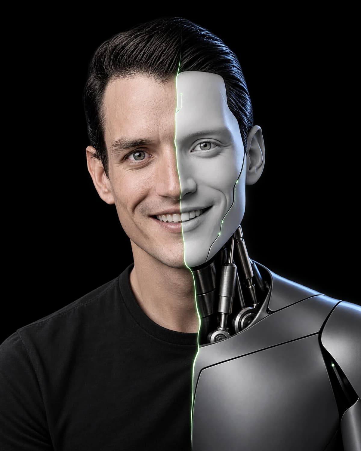 Retrato de Sebastián Delsalto dividido al centro: la mitad izquierda es su rostro real, sonriente; la derecha, un robot humanoide de cerámica blanca y grafito que sigue sus mismas facciones, unidos por una línea de luz verde.
