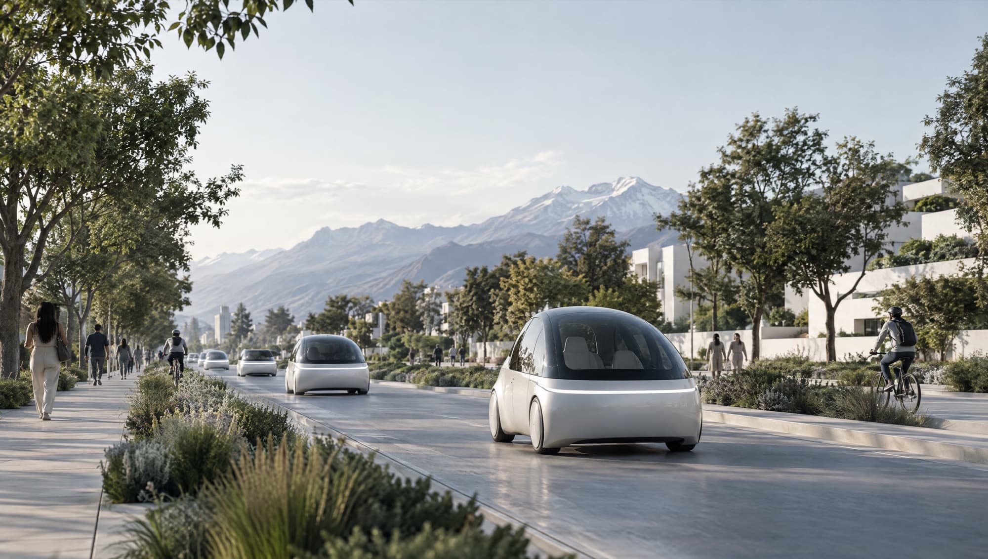 Un bulevar arbolado de una ciudad andina del futuro, con cápsulas eléctricas autónomas sin conductor, gente caminando y en bicicleta, y montañas nevadas al fondo.