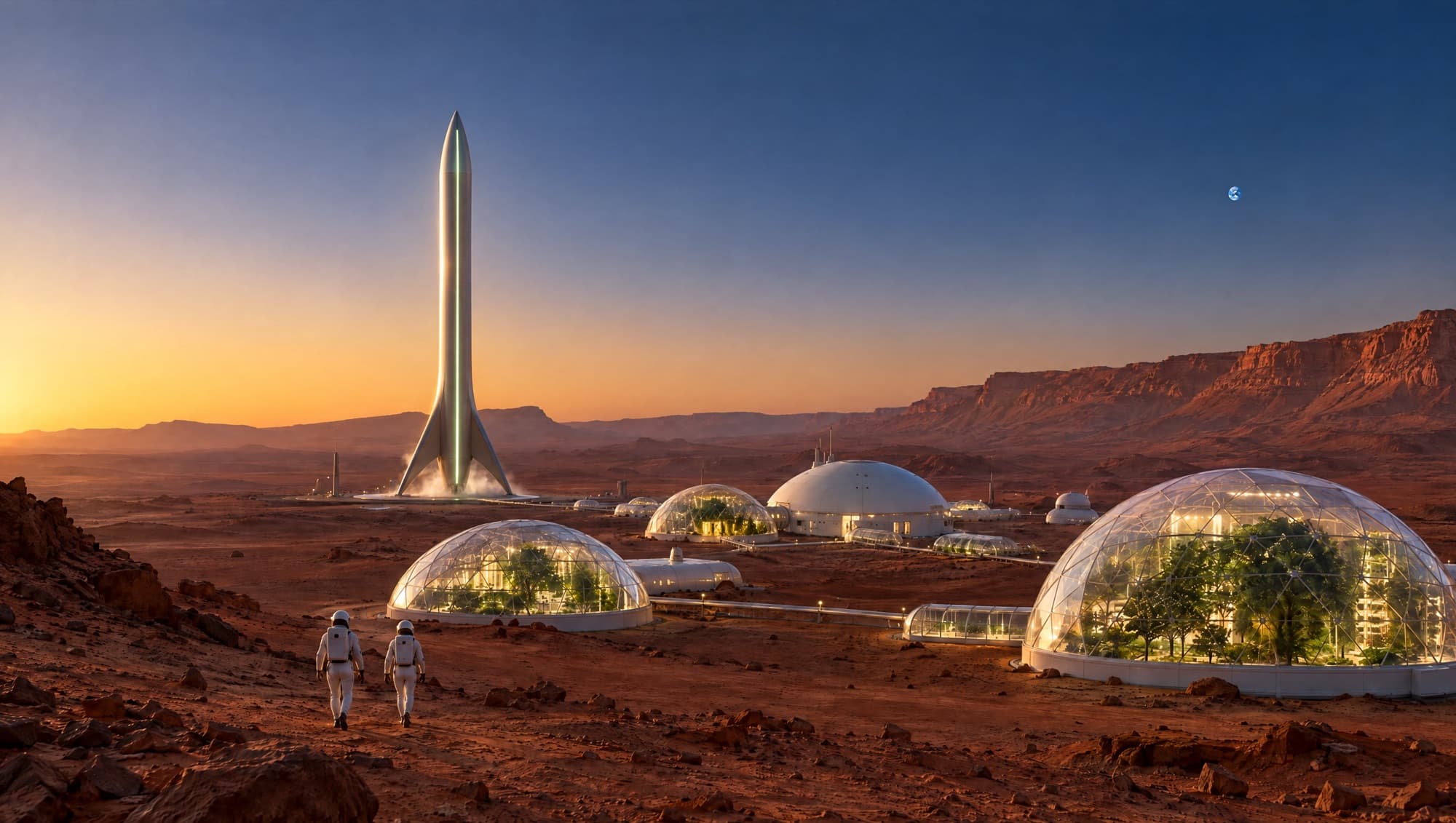 Un asentamiento humano en Marte al atardecer: cúpulas con jardines verdes iluminados, un cohete en su plataforma, dos astronautas caminando y la Tierra como un punto azul en el cielo.