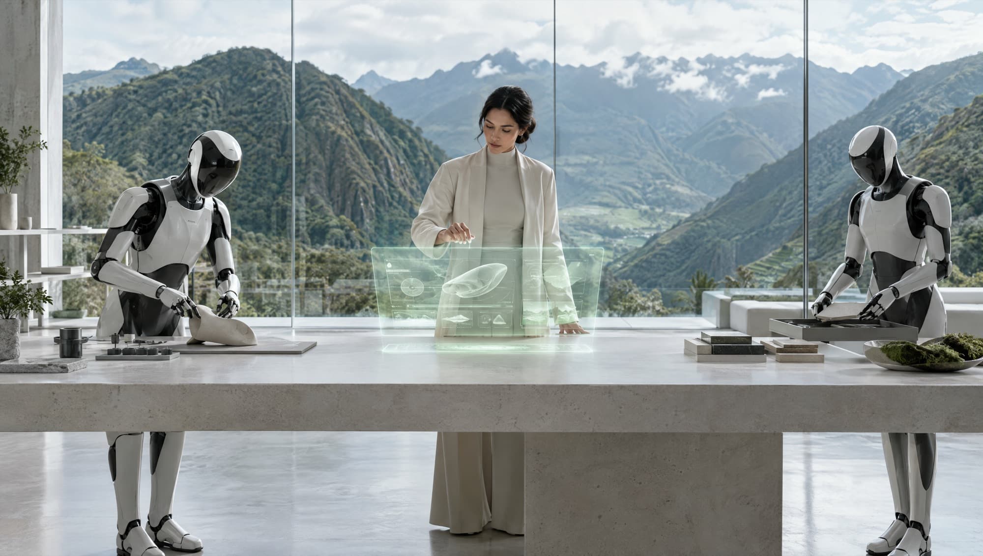 Un estudio luminoso frente a montañas verdes: una fundadora revisa una interfaz holográfica mientras dos robots humanoides trabajan a su lado.